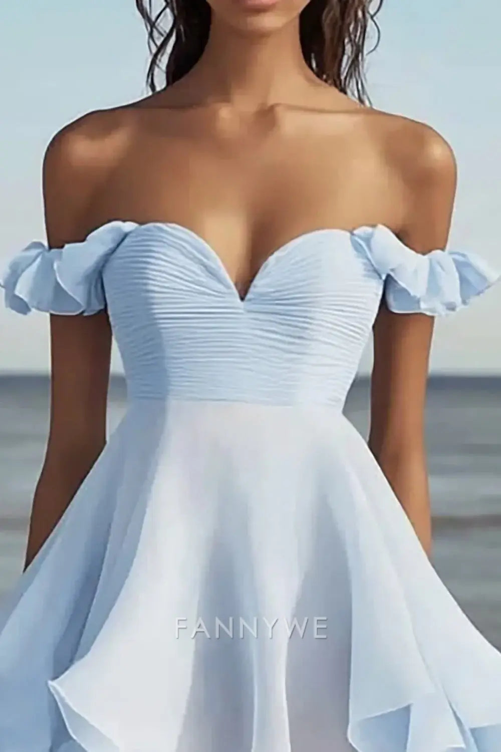FannyWe Elegant Sky Blue Chiffon Sweetheart A Line Short Graduation Dress with Ruffles